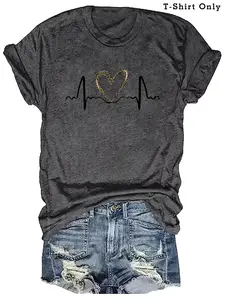 Plus Size Heart & Heartbeat Print Round Neck Tee, Casual Short Sleeve Fitted T-Shirt for Summer, Women's Plus Clothing for Daily Wear