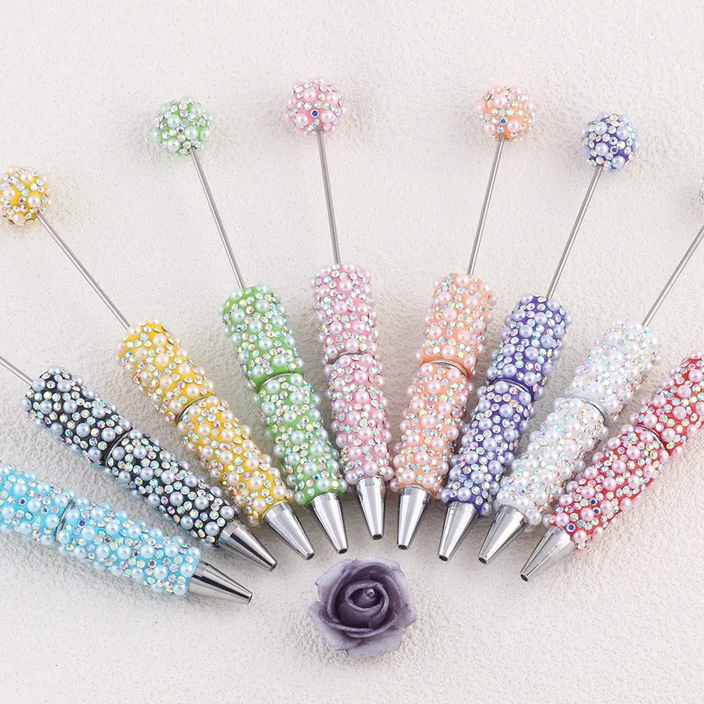 5pcs  pearl ballpoint beadable pens,A set of 5 mixed colors, Full rhinestone fancy pens for beads cute journalling pens for women fun bling ballpoint pens tween girls gifts trendy stuff handmade pen diy bead pen