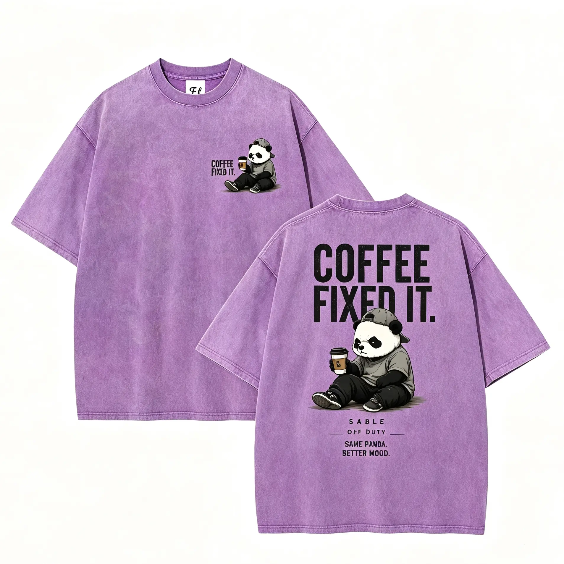 Unisex Coffee Fixed It Funny Panda Graphic T-Shirt - Unisex Vintage Washed Oversized Casual Streetwear Top for Coffee Lovers