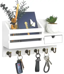 Key Holder Wall Mount: Key and Mail Holder for Wall with 6 Hooks and Storage Drawer, Easy Installation Key Rack for Entryway Home Decor (A-White)