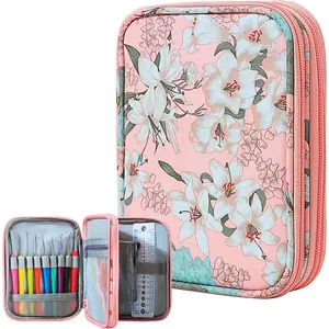Crochet Hook Case Zipper Storage Organizer Bag with Web Pockets for Crochet Needles Knitting Accessories Crochet Hook Kit Tools Lightweight Easy to Hold