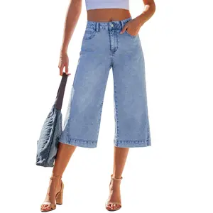 GRAPENT Capri Jeans for Women Wide Leg Trendy High Waisted Side Seam Stretchy Denim Capris Pants Summer Casual Jeans