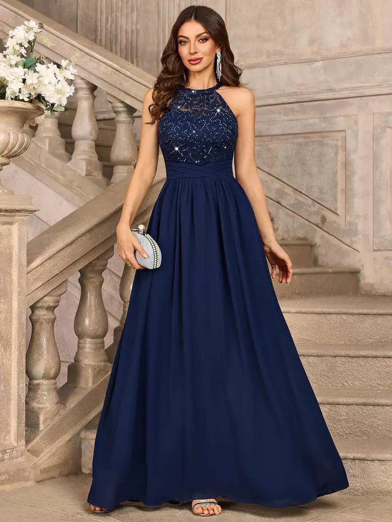 chinese dress ladies Faux-Wrap Long Sequin Lace-Up Prom Dress