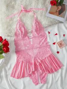 Women's Backless Ruffle Hem Sheer Lace Halter Sexy Soft Comfy Lingerie Bodysuit, Open Crotch Design Adjustable Strap Tie Back Bodysuit, Ladies Lingerie for All Seasons