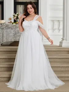 Elegant Plus Size V Neck Backless Sequined Embroidered Mesh Tulle Dress, Waist Cinching Fitted Draped A-Line Formal Wedding Gown, Pure Color Solid Party Dress