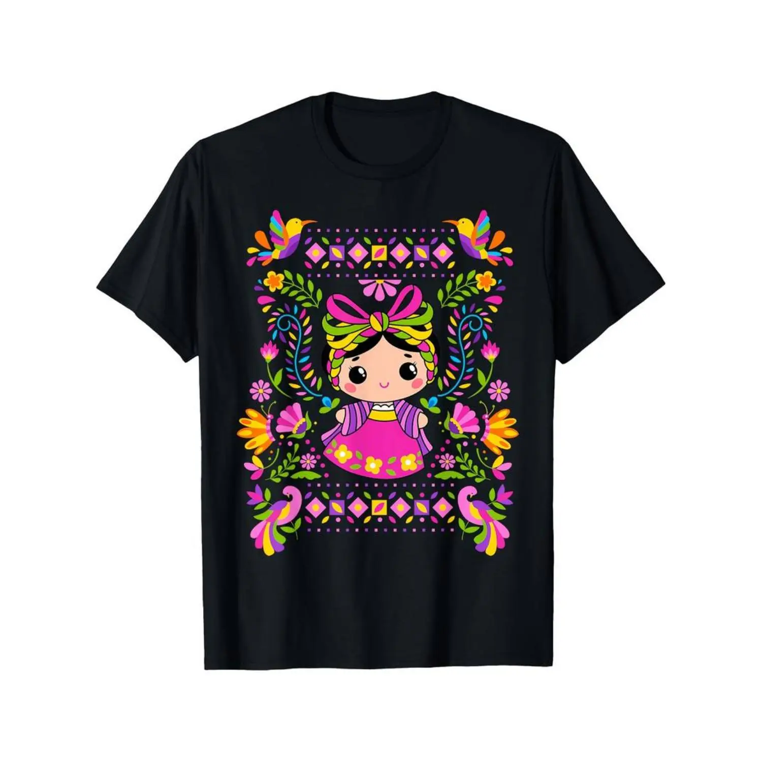 Vibrant Mexican Mazahua Lele Maria Folk Art Cotton T-Shirt For Women With Colorful Floral Patterns And Cartoon Graphics Short Sleeve Comfortable Casual Wear
