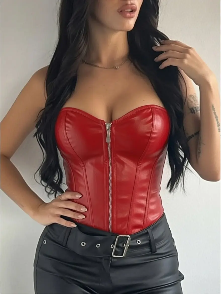 Hot Girl Leather Corset Top  | Slimming Zipper Bustier Shaper, Sexy Aesthetic Streetwear Y2K #tiktokmademebuyit #corsettop Bodysuit Clothes