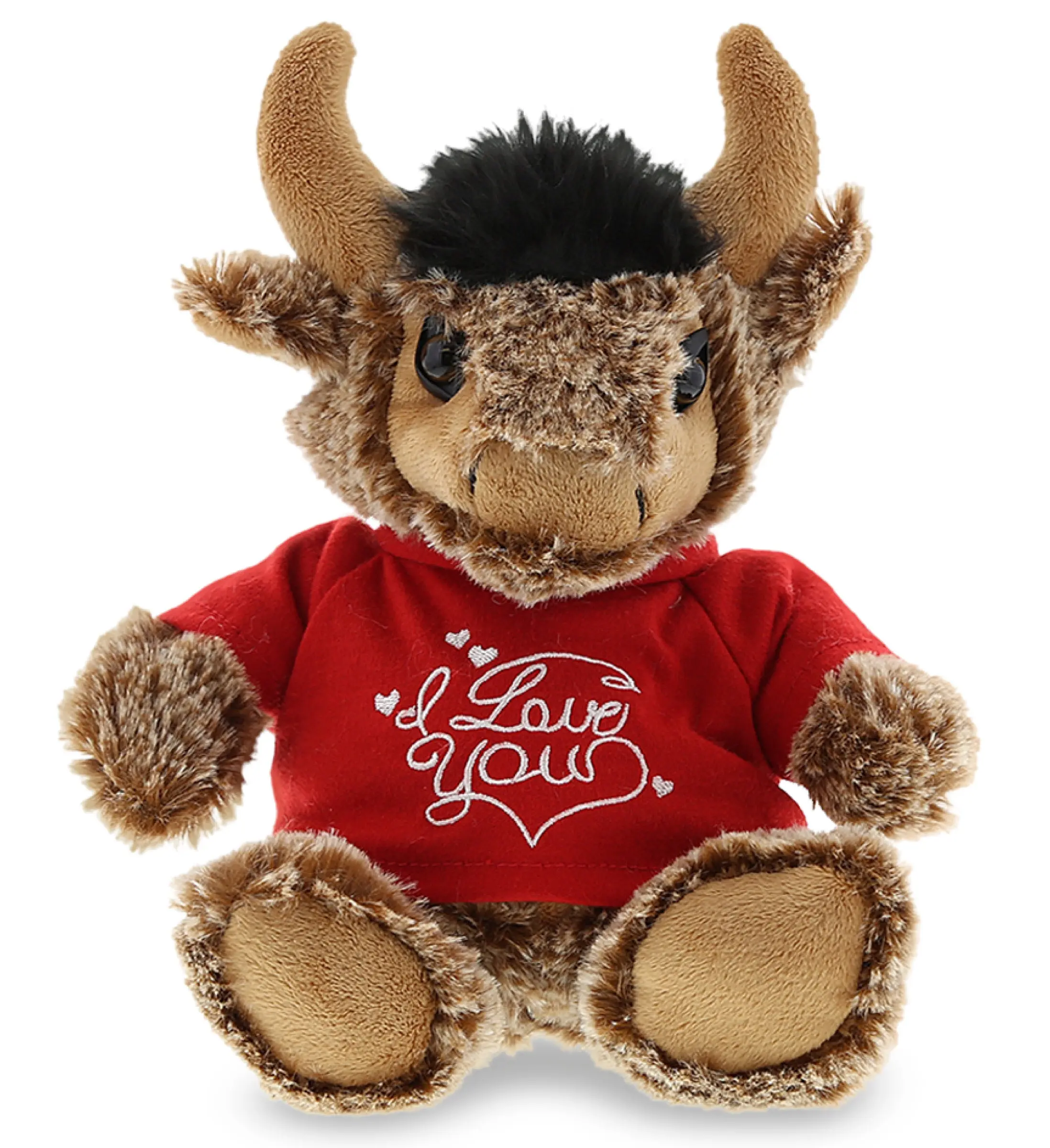 DOLLIBU Sitting Brown Buffalo Stuffed Plush Toy - Super Soft Polyester Fabric Doll, Red Embroidery "I Love You" T-Shirt, 6l x 3.5w x 0.2h Inches, Romantic Gifts for Boyfriend/Husband, Unisex Bedroom Decor Item