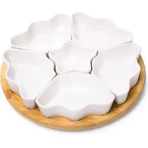 Rotatable Serving Platters and Trays, Lazy Susan Relish Tray, 7-Compartment Divided Dishes, 11 Inch Porcelain Removable Bowl for Chip and Dip, Fruit, Nut, Candy and Snack