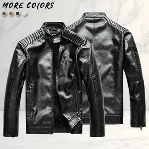 Men's Motorcycle Style Leather Jacket with Fleece Lining, Thick Warmth, Stand Collar Design, Vintage Stitching, Multiple Zipper Pockets, Trendy Streetwear for Autumn and Winter Casual Wear