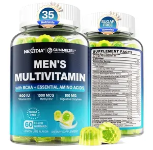Methylated Multivitamin for Men Gummies, BCAA Amino Acids, Zinc, Daily Vitamin A C D3 E K2 B Complex, Calcium, Magnesium, Lycopene, Digestive Enzymes - Energy, Immune, Muscle- Sugar Free, Vegan, 60Cts