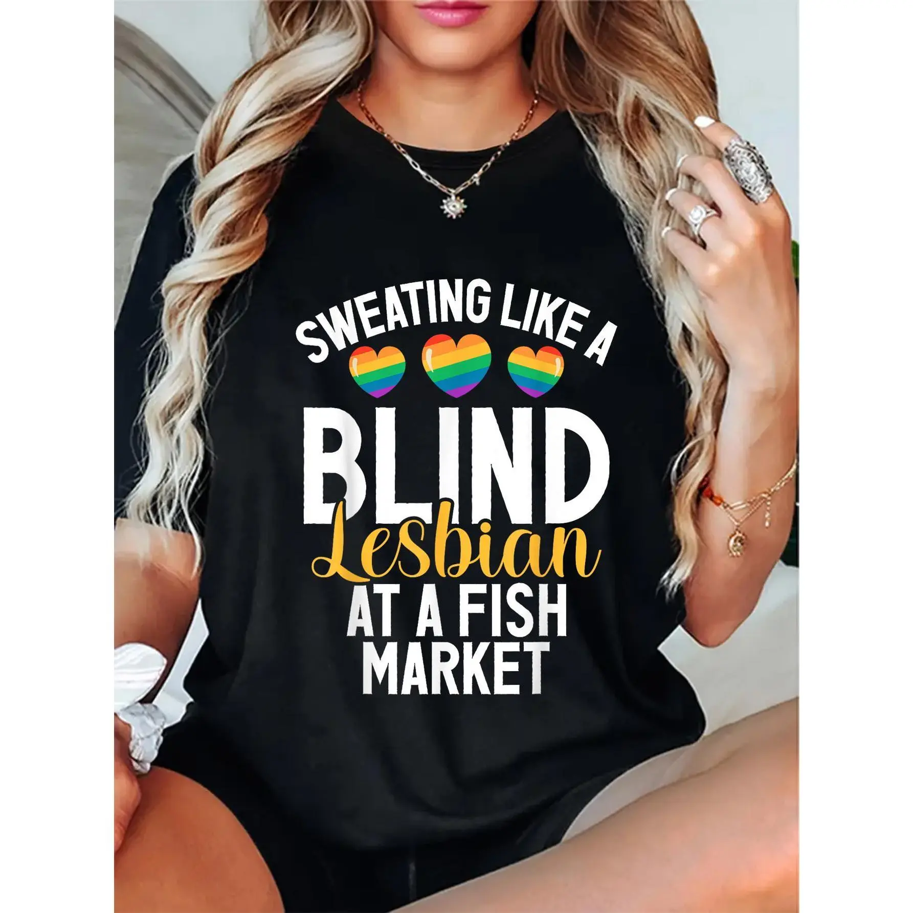 Funny Lesbian Pride T-Shirt - "Sweating Like a Blind Lesbian at a Fish Market" Slogan with Rainbow Hearts - 100% Cotton Casual Short Sleeve Tee - Black Humorous LGBTQ+ Apparel for Women & Youth shirts women vintage graphic tees