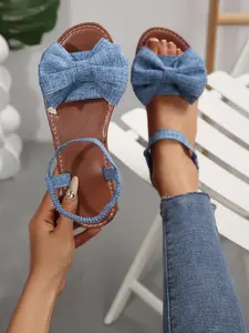 Boho Style Multicolor Large Bow Flat Sandals, Open-Toe Roman Slippers for Daily Wear, Women's Comfortable Casual Shoes, Fancy Sandals