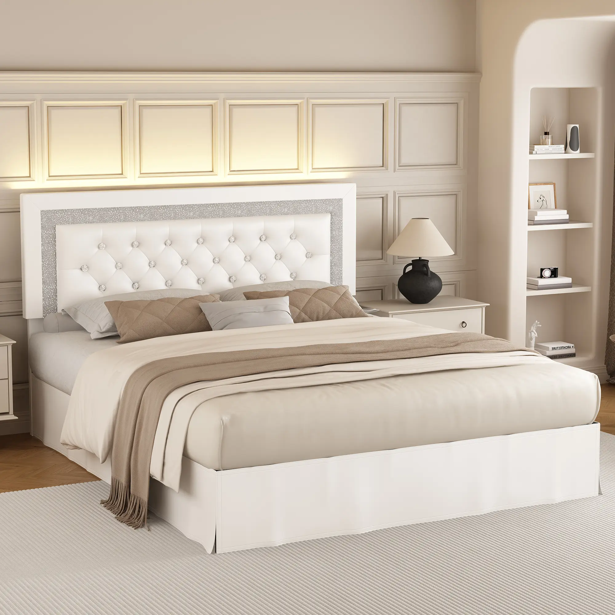 [Summerwins] SIBEDS LED Bed Frame with Diamond Tufted Headboard, Luxury PU Upholstered Platform Bed with Elegant Bed Skirt & Adjustable Headboard, Modern Bedroom Furniture, Wooden Slat Support, No Box Spring Needed, No Noise,Easy Assembly