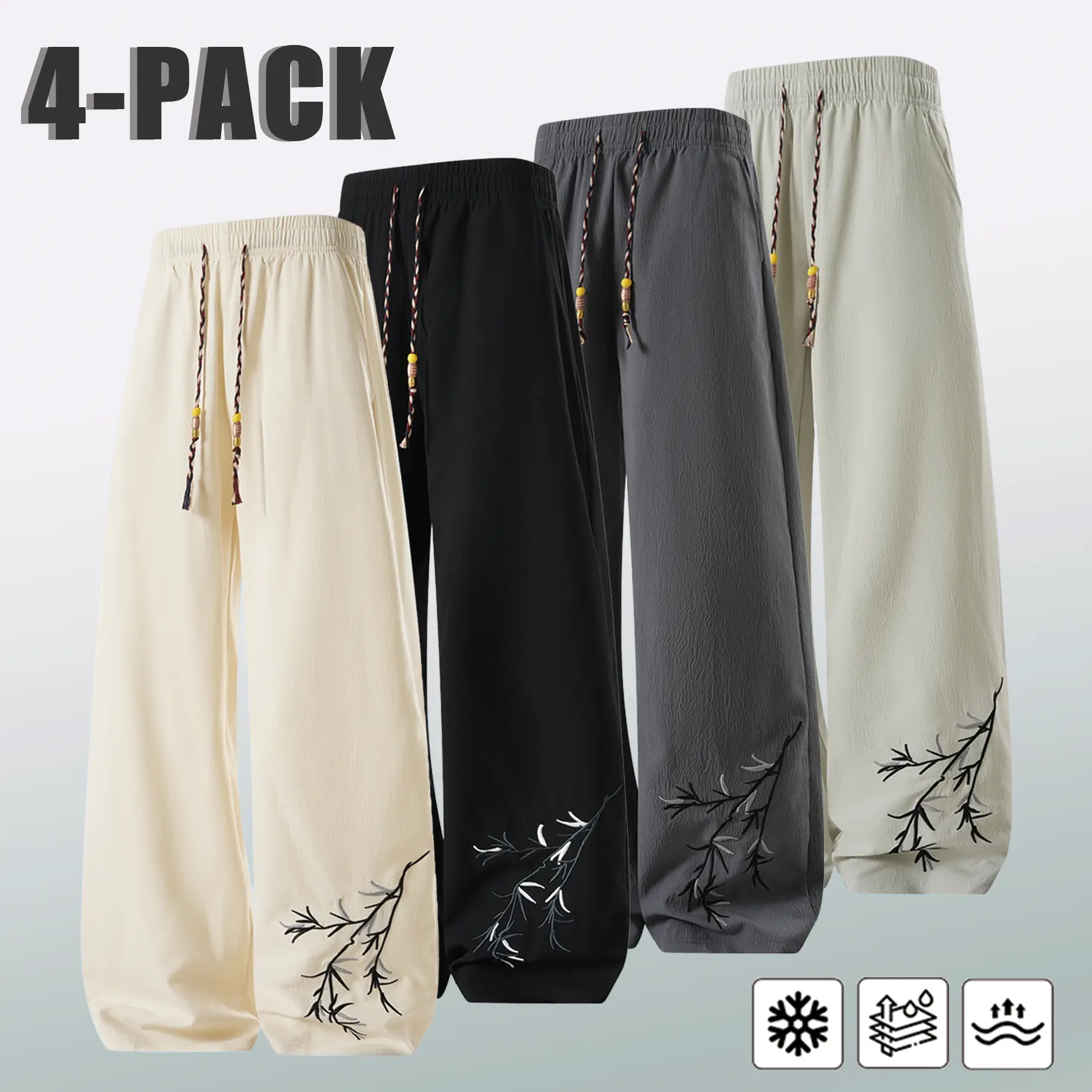 Men's Traditional Chinese Bamboo Embroidery 4-Pack Wide Leg Baggy Pants - Oversize Elastic Drawstring Basics, Summer Quick-Dry Breathable Lightweight Soft Chic Streetwear for Daily Outfits