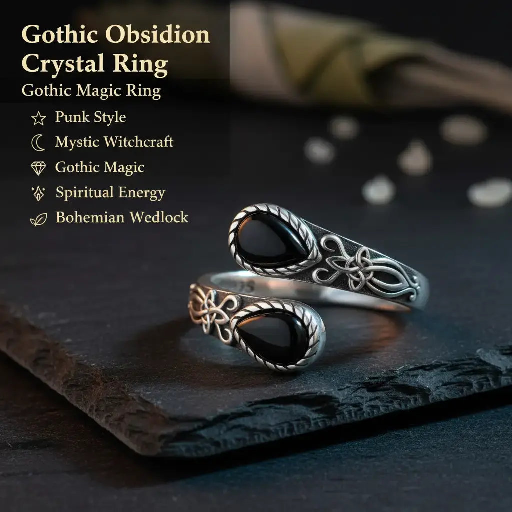 B 925 Sterling Silver Adjustable Open Ring, Punk Style, Mysterious Witchcraft Obsidian Ring, Gothic Magic Jewelry, Spiritual Energy Crystal Ring, Perfect Gift for Birthdays, Mother's Day, and Mystery Lovers, Bohemian Style Wedding Engagement Ring