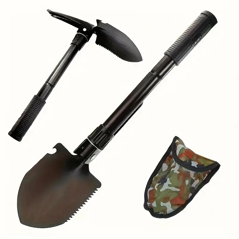 Black 3-Piece Foldable Shovel Set - Shovel, Protective Cover, Steering Tool, Durable Metal, Lightweight, Ergonomic Handle, Storage Bag, Ideal for Camping, Hiking, Emergency Use