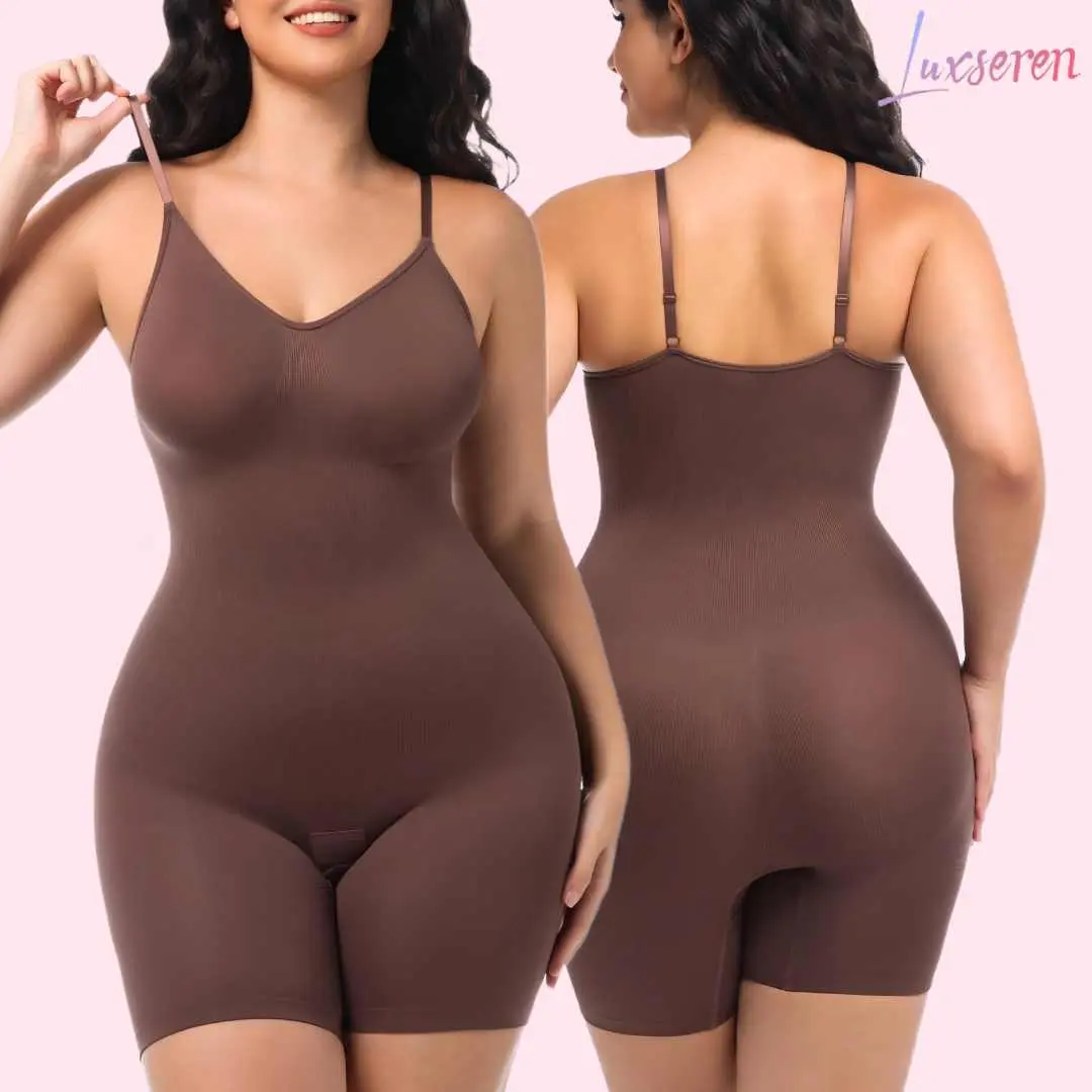 LUXSEREN Women's Nylon-Elastane Seamless Strappy High Waist Plain Wireless Bodysuit - Buckle-Free, Tapeless, Fitted, Body-Hugging, Hip-Lifting, Tummy-Slimming, Secure-Fit Minimalist 1-Piece Scoop Neck Underwear for Smooth Silhouette, All-Day Support, Styl