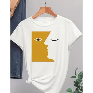 Men's modern abstract face design Graphic T-Shirt - Short Sleeve Crew Neck Regular Fit Casual Wear | Soft & Breathable Fabric, Durable Print, Everyday Comfort, Machine Washable, minimalist geometric line art casual fashion display with natural elements