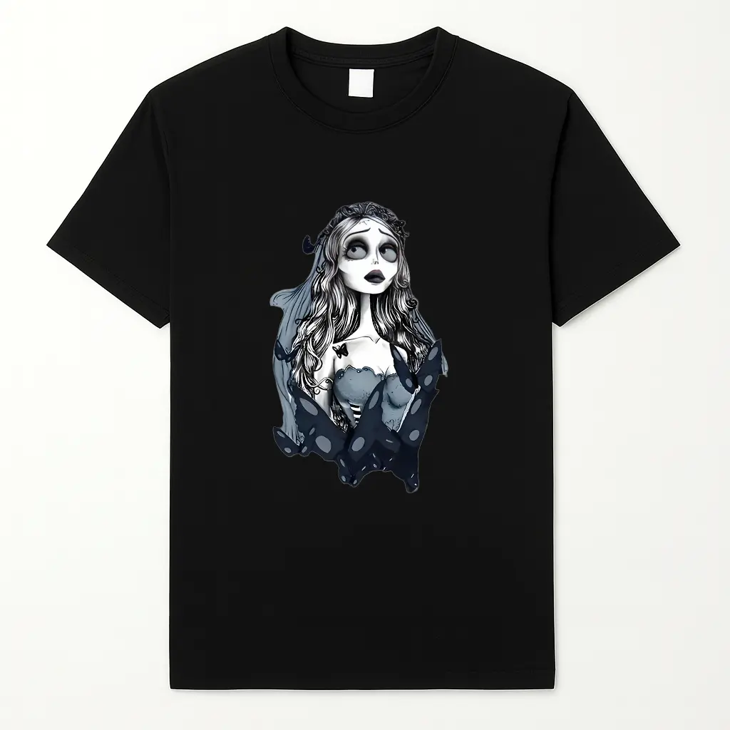 Women's Gothic Knit Polyester T-Shirt - Stretchy Round Neck, Corpse Bride & Butterfly Graphic, Soft Breathable Short-Sleeve Streetwear Top, All-Season Style, Sizes S-4XL, Casual, Tshirt, Shortsleeve, Fit, Fabric, Regular Fit, Elastane, All Seasons