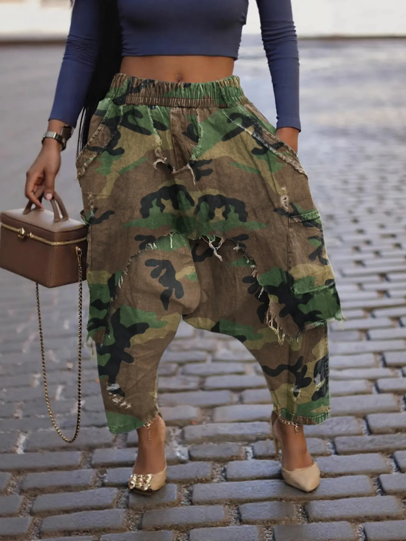 Women's Camo Distressed Harem Pants, Loose Fit Street Style Low Waist, Casual Fitted Denim Jeans, All Seasons Fashion, Bohemian Bottoms, Bohemian Street Trousers, Boho Casual Pants