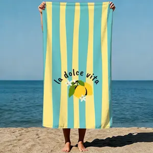 Lemons with flowers and leaves, “La Dolce Vita” text, striped pattern art style. Sand-Free Beach Towel | Ultra-Light Microfiber | Quick-Dry, Compact for Travel