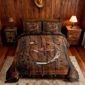 Western Texas Star Comforter Set,Rustic Horseshoe Bedding Set for Kids Boys Girls Room Decor,Cowboy Plank Quilt Set,Country Wooden Door Duvet Set