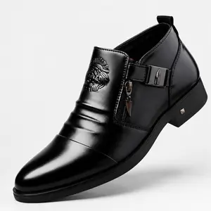 YANXIANSHOES Men's All-Black Textured Pleather Ankle Formal Shoes - Slip-On with Zipper, Rubber Sole, Winter Cozy, Work Wear, Stylish Design, Father's Day Gift Option, Style, Textured Formal Shoes