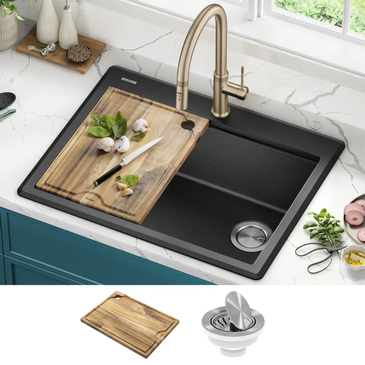 Kraus KGTW12-28MBL 28 in. Bellucci Non-Porous Granite Composite Workstation Sink with Integrated Ledge, Drop-In Top Mount Single Bowl for Meal Prep & Cleanup, Durable 25x16x9 in. Metallic Black Kitchen Sink with Acacia Accessories