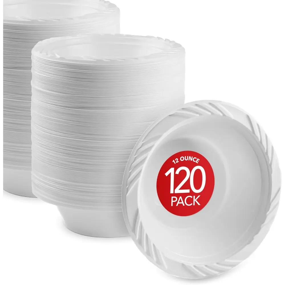 Sturdy Disposable Plastic Bowls Set - 120-Pack 12 oz Elegant White Extra Depth, 20% Thick Walls, Individual Serving Bowls for Campfire-BBQ Party, Fancy Dinners, Dessert