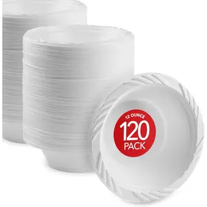 120 Pack 12 oz Elegant White Plastic Disposable Bowls for Parties, Fancy Dinner or Cocktail Party, Suitable for Soup and Salad, Thick and Sturdy