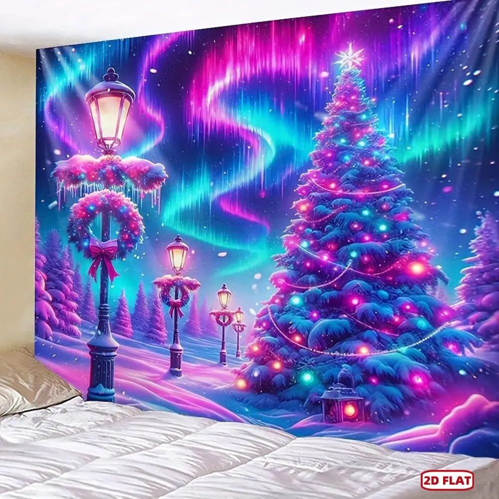 1pc Printed Durable Polyester Christmas Wall Decor Tapestry - 1-Piece Holiday Wall Hanging Blanket with Vibrant Psychedelic Winter Scene, Decorated Trees, Snowy Lights, Aurora Borealis, Festive Home Supplies