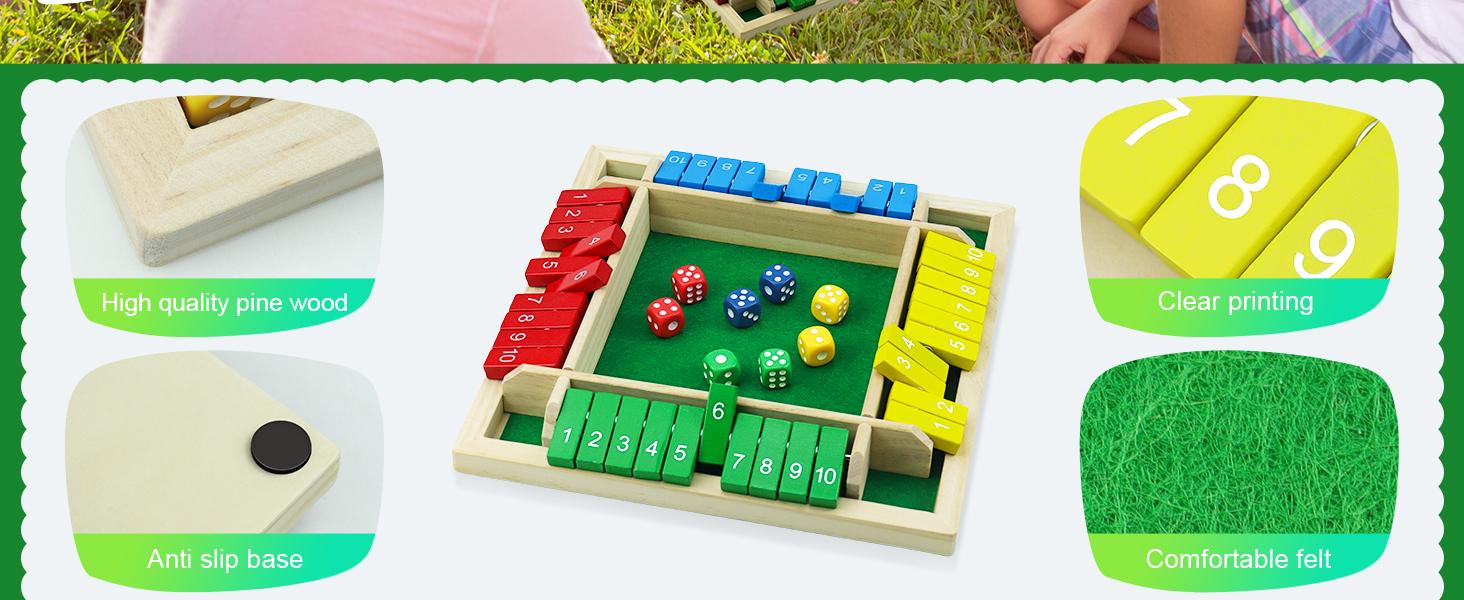 Shut The Box Dice Game,2-4 Player Family Wooden Board Table Math Games for Adults and Kids, 8 Dices Classics Games for Classroom,Home,Party or Pub