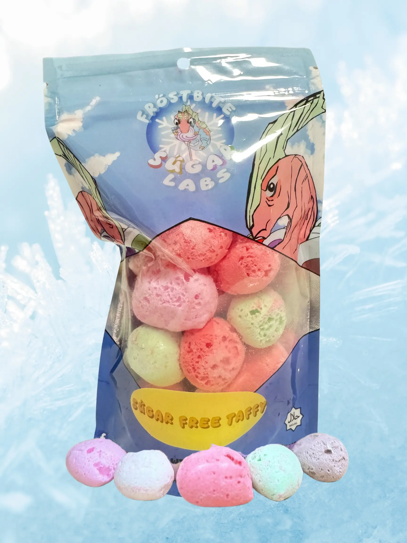 Frostbite Sugar Labs CLE Freeze-Dried Taffy - Tangy Mint Flavor Halal Certified Candy Snack with Sucralose Sweetener, Sweet Treat