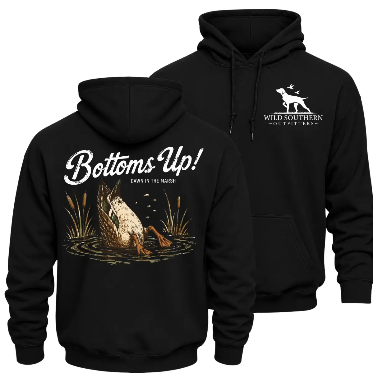 Wild Southern Outfitters Bottoms Up Duck Hunting Hoodie, Dawn in the Marsh Mallard Graphic Pullover, Front Chest Logo and Large Back Print Waterfowl Hunter Apparel, Southern Hunting Gift for Men and Women