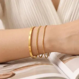 3Pcs Gold-Tone Stainless Steel Unisex C-Shape Adjustable Bangle Bracelet with Chain Suit, Minimalist Adjustable Wrist Jewelry for Men and Women, Daily Accessory Gift Mother’s Day Father’s Day Gift