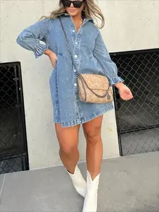 Midiross Washed Denim Puff Sleeve Mini Dress – Short-Length Collared Button Down with Ruffle Hem & Matte Silver Buttons - Casual Women's Fashion Pleats Minimalist Minimalist Womenswear Summer Bottom Piece