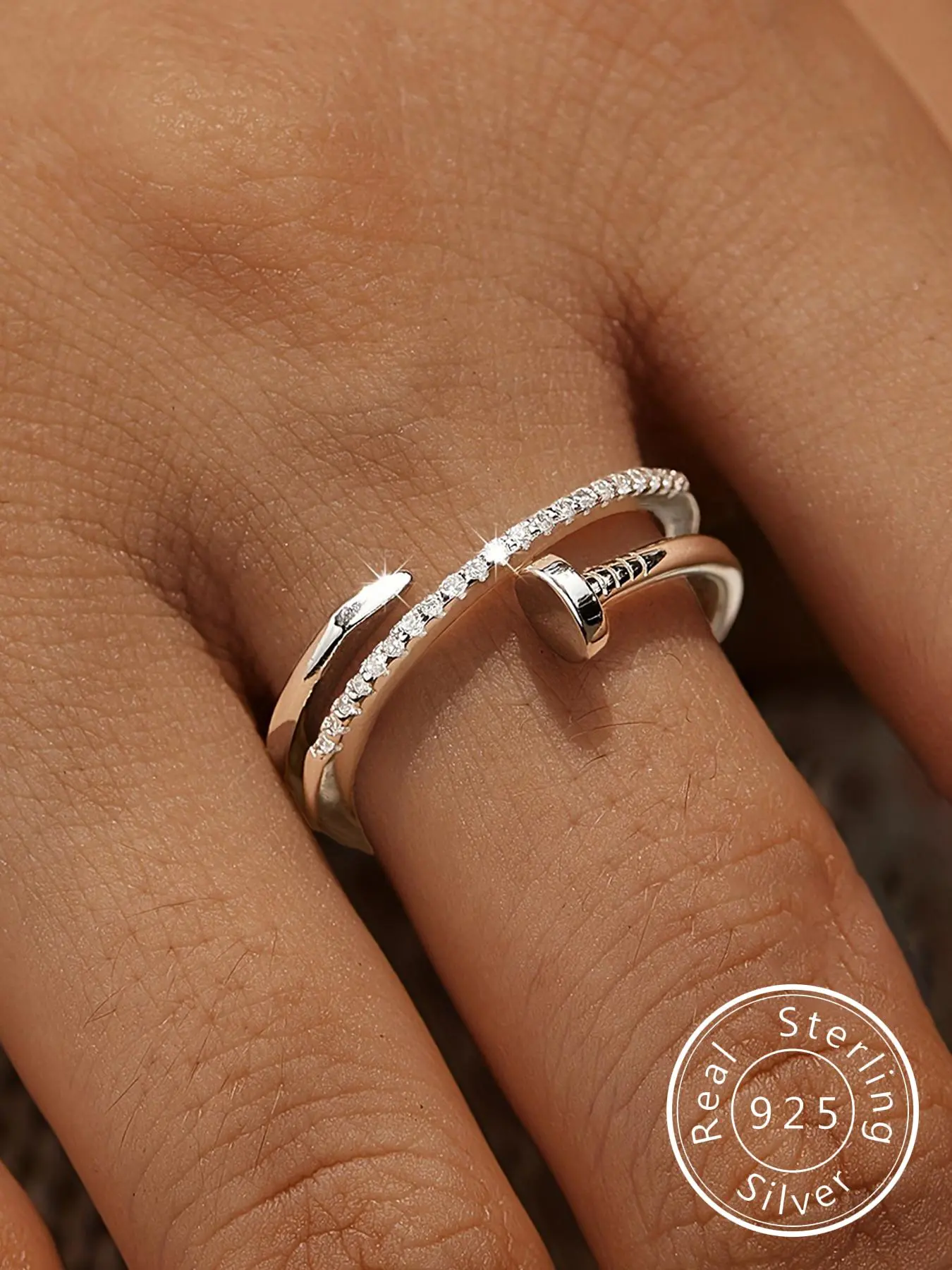 S925 Sterling Silver Fashionable Nail Ring, Artificial Zircon Decor Ring for Women, Trendy All-match & Exquisite Jewelry for Birthday Gift