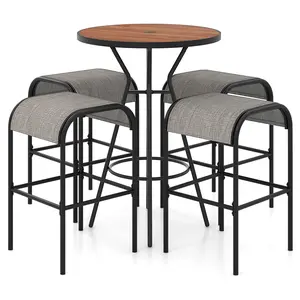 COSTWAY - 5 Pieces Outdoor Round Bar Table Set with 1.6 Inches Umbrella Hole