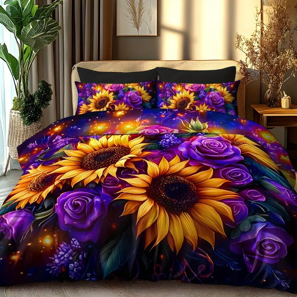 3pcs Decorative Bedding Set Sunflower Design, Soft Polyester Flannel Printed Duvet Cover Set, Includes 1 Fitted Sheet & 2 Pillowcases, Bedroom Bedding Set