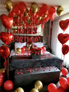 593pcs/Set Red Happy Birthday Balloon Set Happy Birthday Letters, Red Heart-Shaped Foil Balloons, Red And Gold Latex Balloons, Suitable For Birthday Party Decorations, Anniversaries, Valentine's Day, Proposals