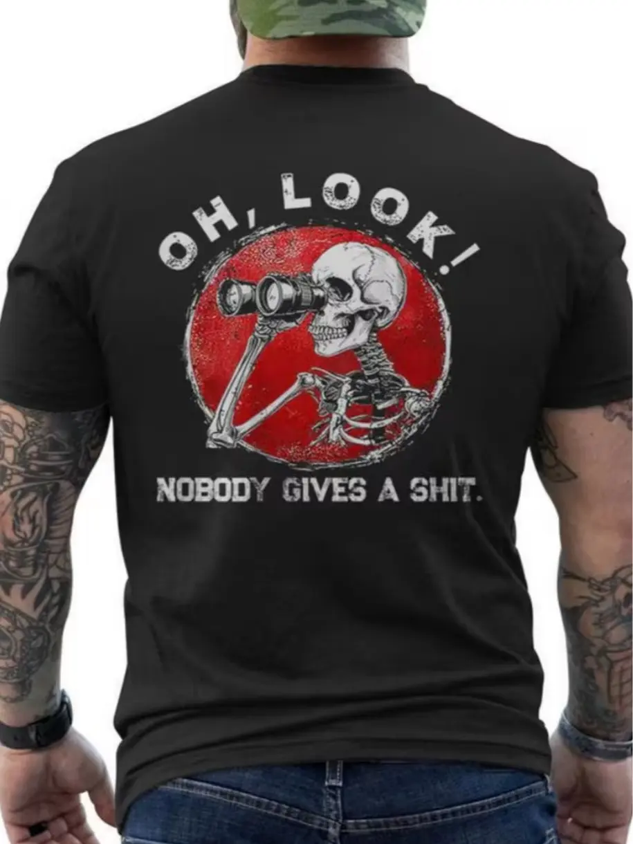 Gothic-style T-shirt, with the words "Oh, look, nobody cares" printed on the back and a avant-garde skull/middle finger skeleton design - 100% cotton oversized casual shirt, suitable for Halloween, birthday gifts, and satirical novelty clothing