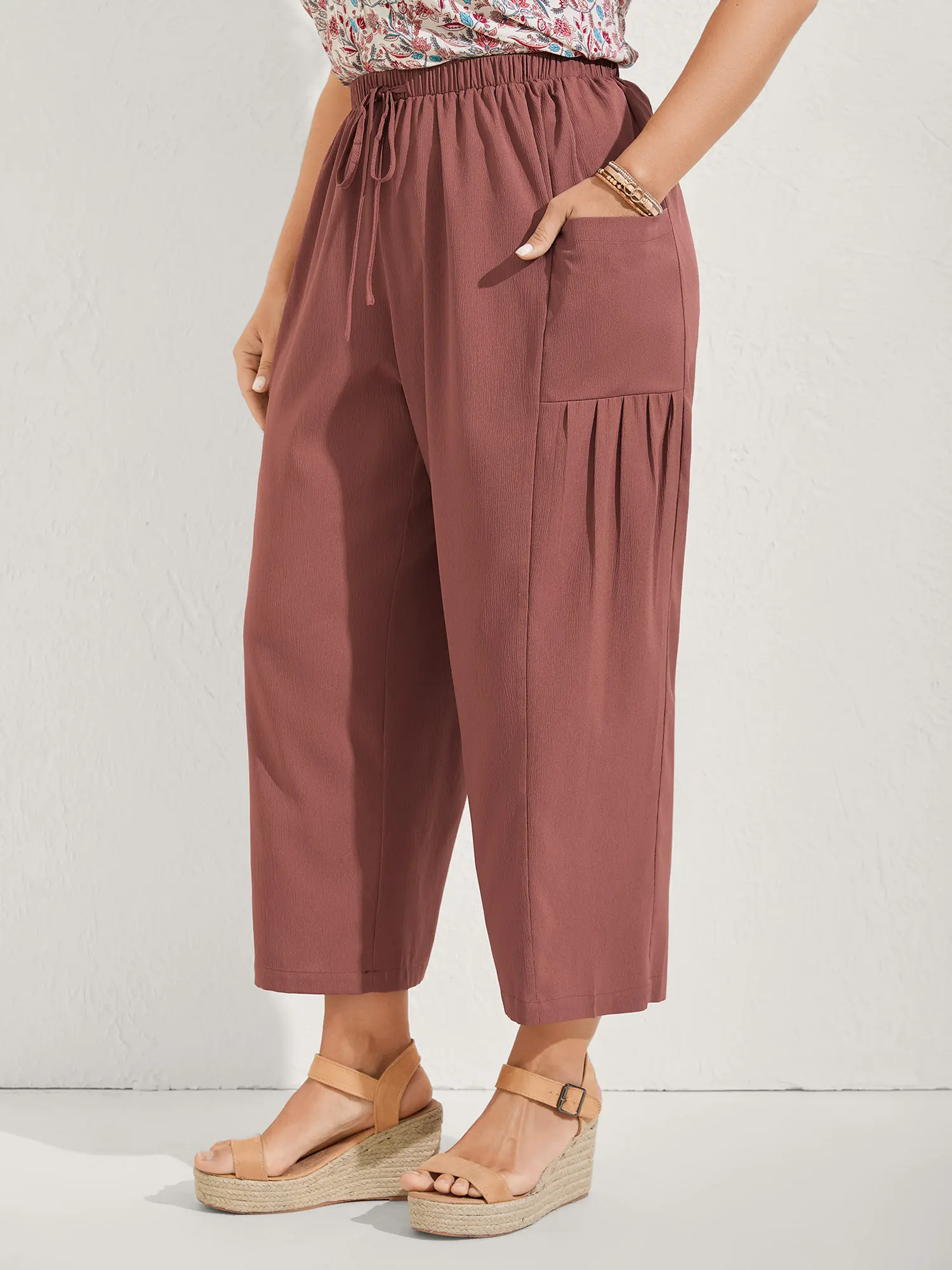 BLOOMCHIC Women's Plus Size Mid-Rise Tummy Control Low-Stretch Casual Pants - Rust Fitted Polyester Blend, Waist-Tie, Slant Pockets, 2026 Summer Resort Wear, Affordable Bottoms, Sizes 10/M-6X, Chic Curve Pants, Resort Wear for Women