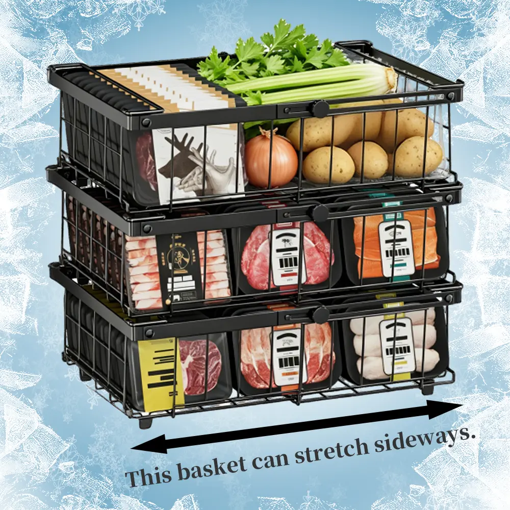 Expandable Refrigerator Organizer Bin, Adjustable Freezer Storage Basket for Chest Freezer, Sliding Wire Basket Space Saver