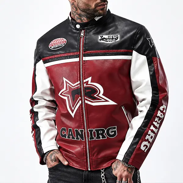 Men’s red/black/white color-block printed motorcycle leather jacket, stand collar, zip closure, letter patches, PU material, American vintage racing riding outerwear Menswear Faux Coats Tops Zipper Chainsaw