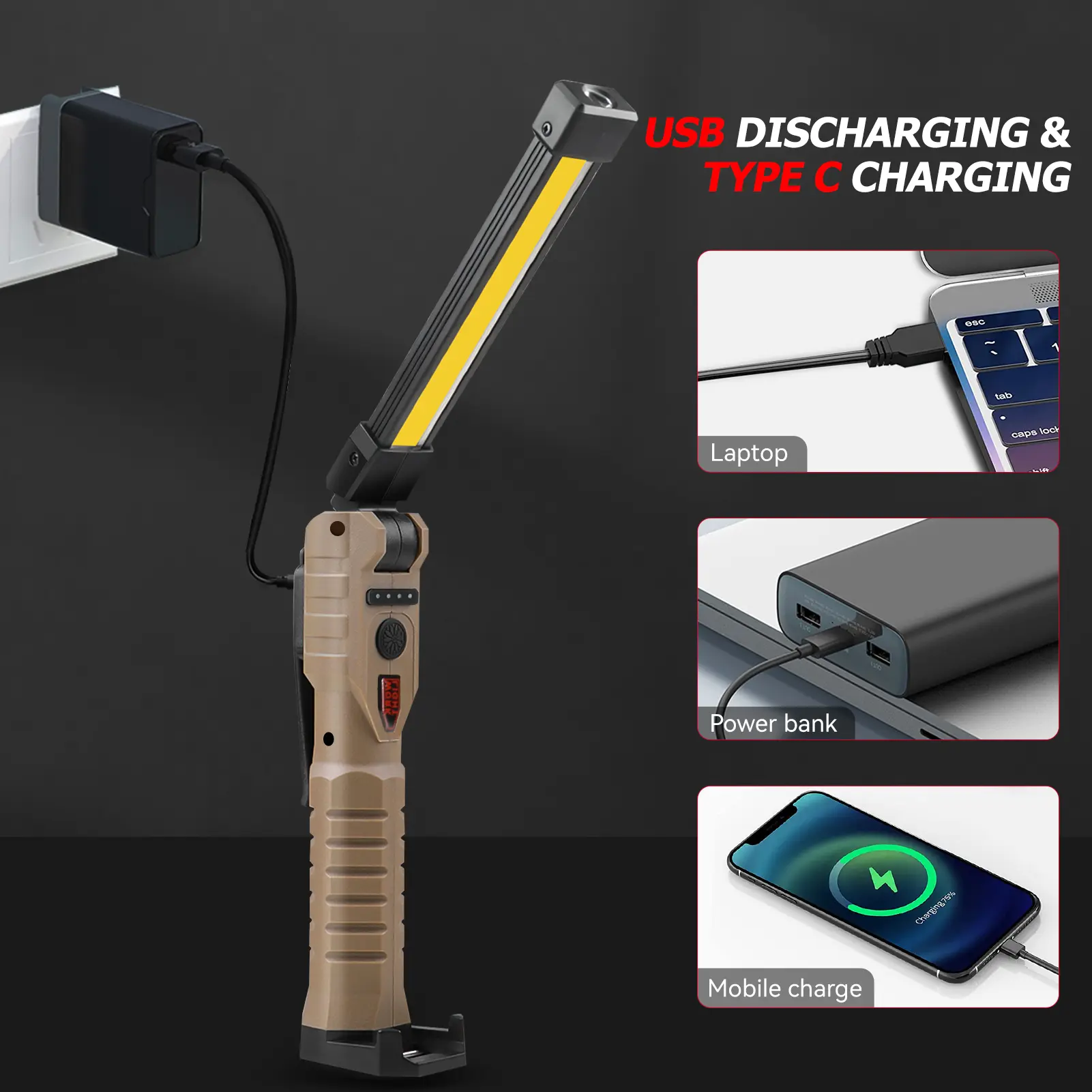 Yunmai FT20 Khaki Multifunctional COB+Spotlight Work Light - 1 Pack, ABS Plastic, Type-C Rechargeable, Power Bank/Portable Power Bank, Magnetic Hook, Splashproof Home Improvement Portable Torch