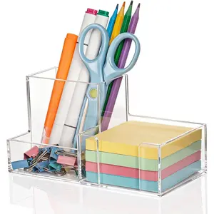 Pen Holder for Desk Clear Pencil Holder with Sticky Notes Holder  3 Compartments Desk Organizer Office Desk Accessories for Office, School, , Makeup Brush Holder for Bedroom Bathroom