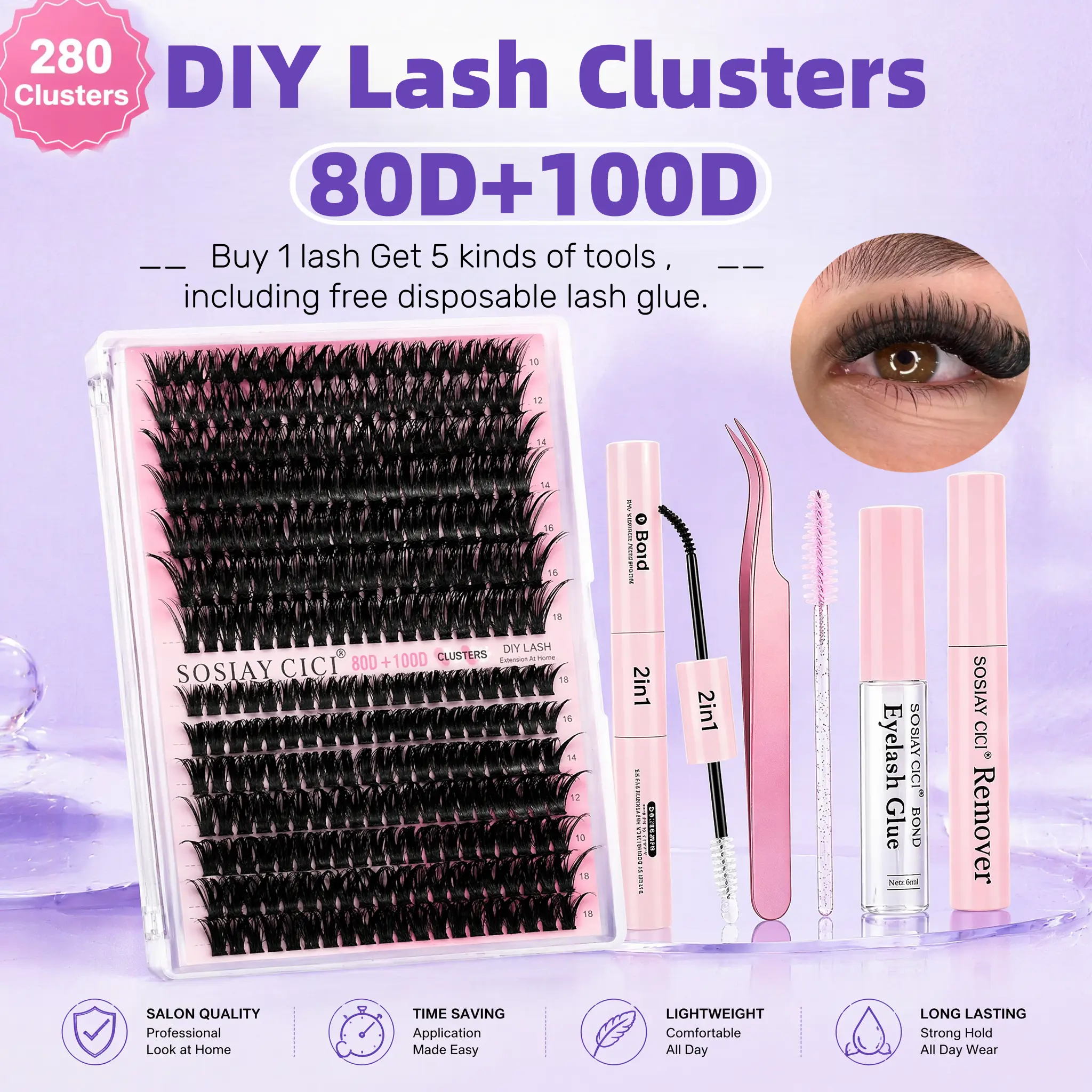 【Buy 1 Get 6】80D+100D(280 Pcs)，Volume Lash Clusters with Spiky Manga Lash Clusters 300D Eyelash Clusters 10-18MM Thick Wispy D Curl Cluster Eyelash Extensions 3D Fluffy Cluster Eyelash Extensions,Plus free disposable lash glue as an extra gift.