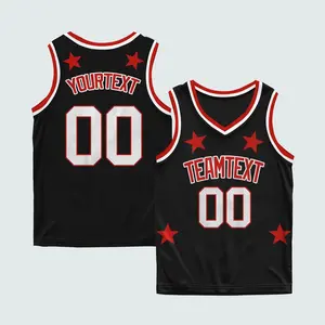 Custom Black & Red Basketball Jersey with Stars Design, Personalized Name & Number Sleeveless Team Uniform, Heat Press Sports Shirt VL6S
