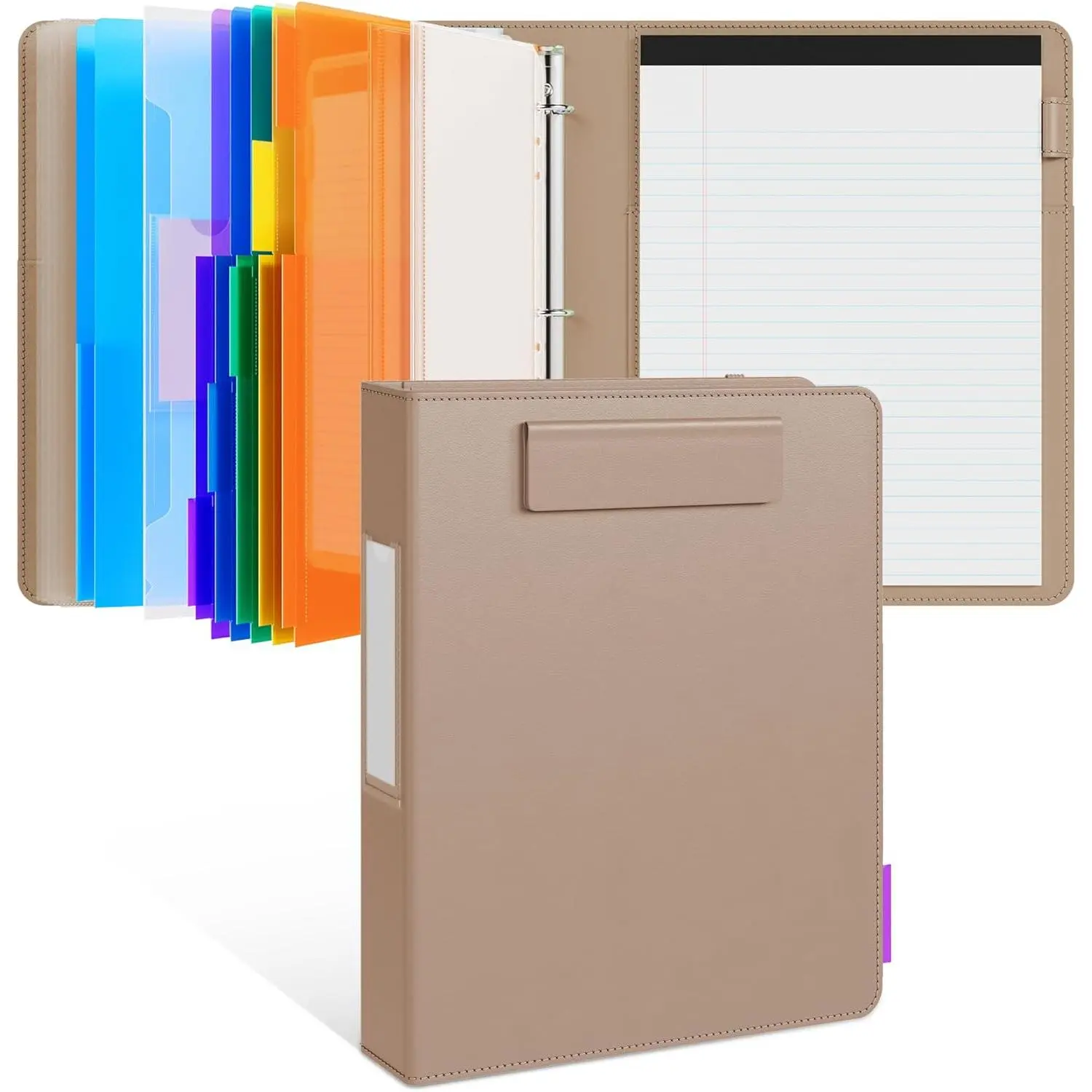 3 Ring Binder Clipboard with Storage,12.4"x10.2" Clipboard Folder with 5 Expandable Folders,Refillable Lined Notepad (11" x 8.5"),Ideal for School Office (Khaki)